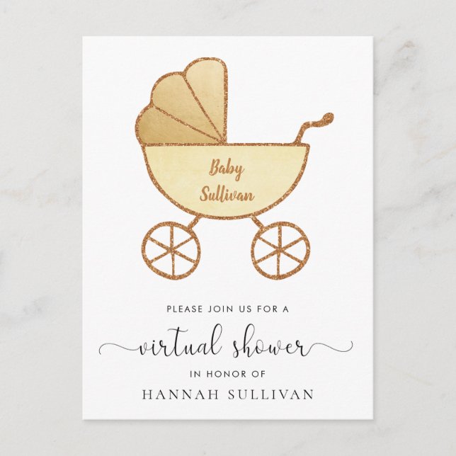 Retro Carriage Yellow Gold Virtual Baby Dusche Einladungspostkarte (Vorderseite)