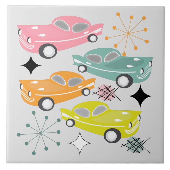 Retro Cars Atomic Sternexplosion Moderne Mitte Jah Fliese (Vorderseite)