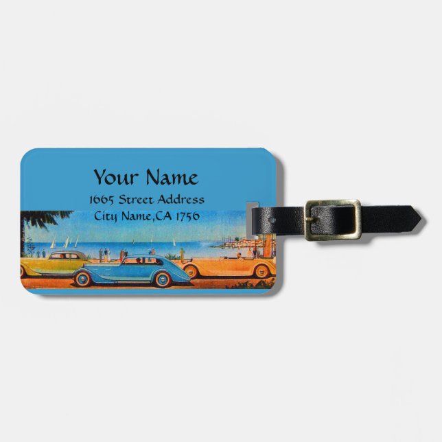 RETRO CARS, blau-gelb-orange Gepäckanhänger (Vorderseite horizontal)