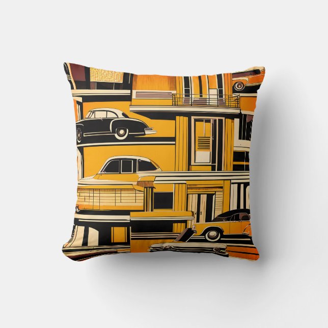 Retro Cars Geometric Mustard Mid Century Kissen (Vorderseite)