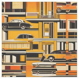 Retro Cars Geometric Mustard Mid Century Stoff