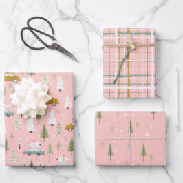 Retro Cars Pink Weihnachtsbaumen Geschenkpapier Set