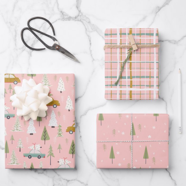 Retro Cars Pink Weihnachtsbaumen Geschenkpapier Set (Vorderseite)