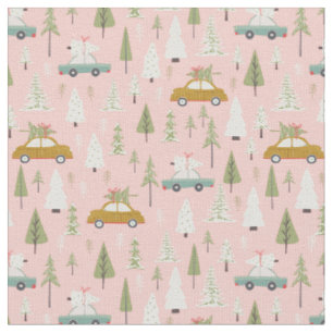 Retro Cars Pink Weihnachtsbaumen Stoff