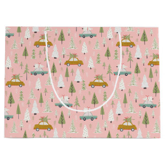 Retro Cars Pink Weihnachtswald Bäume Wald Große Geschenktüte