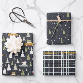 Retro Cars Weihnachtswald Bäume Grau Schwarz Geschenkpapier Set