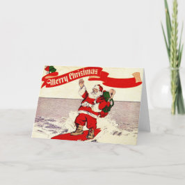 Rétro carte de voeux surfante de Père Noël
