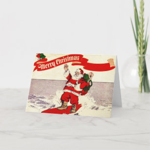 Rétro carte de voeux surfante de Père Noël