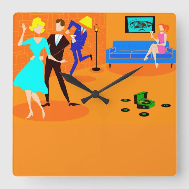 Retro Cartoon Cocktail Party Wall Clock Quadratische Wanduhr (Vorderseite)