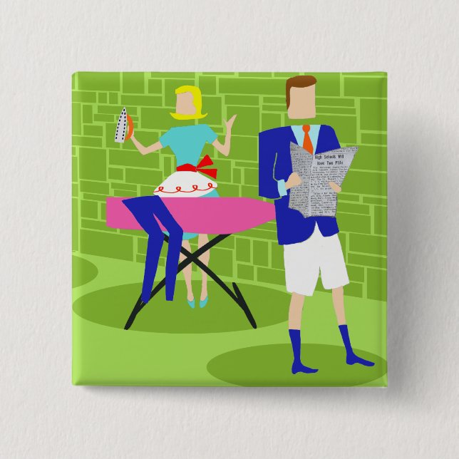 Retro Cartoon Couple am Zuhause Button (Vorderseite)