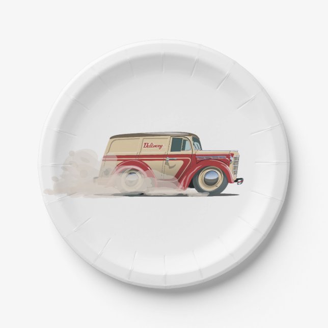 Retro Cartoon delivery van Pappteller (Vorderseite)