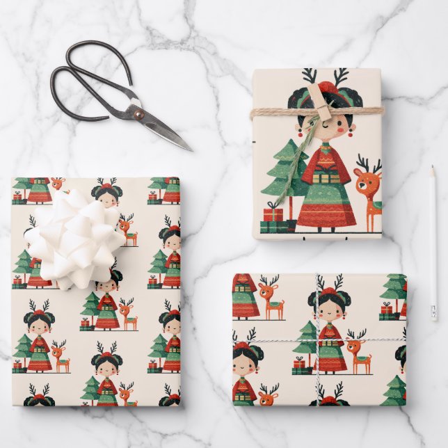Retro Cartoon Frida Kahlo Pattern Niedliche Weihna Geschenkpapier Set (Vorderseite)