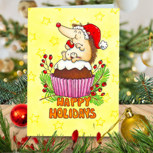 Retro-Cartoon-Igel-Weihnachtspudding-Cupcake Karte