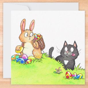 Retro-Cartoon-Osterhase und schwarze Katze Osterka