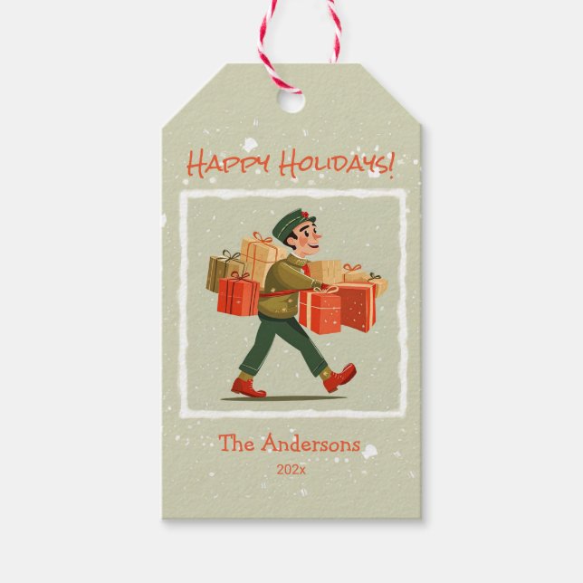 Retro Cartoon Postman Holiday Geschenkanhänger (Vorderseite)