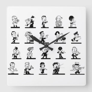 Retro-Cartoons im Schwarz-Weiß-Stil aus vergangene Quadratische Wanduhr