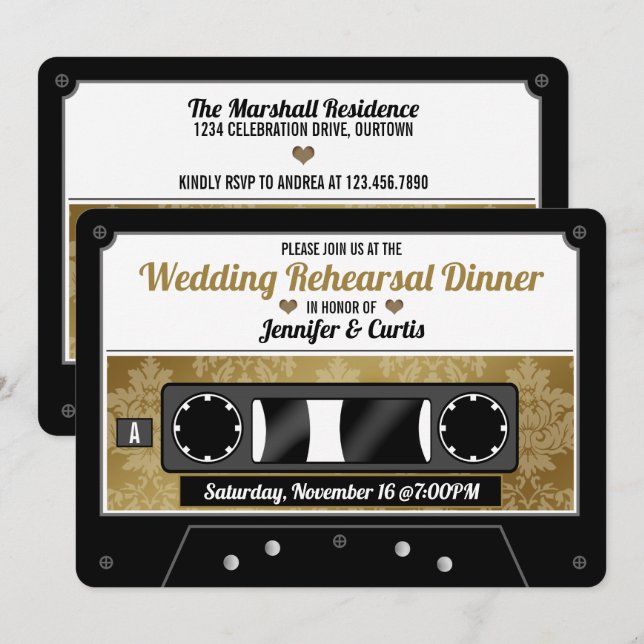 Retro Cassette Band Hochzeit Probe Abendessen Invi Einladung (Vorne/Hinten)