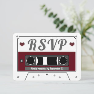 Retro Cassette Tape Wine Red Wedding RSVP Card Einladung