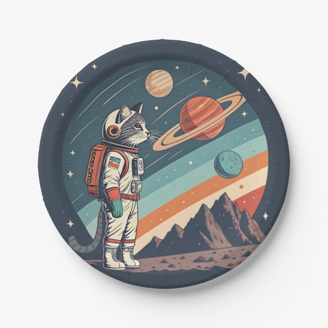 Retro Cat Astronaut Cosmic Space Illustration Pappteller (Vorderseite)