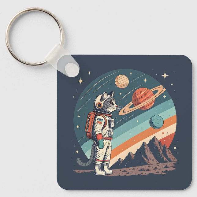 Retro Cat Astronaut Cosmic Space Illustration Schlüsselanhänger (Vorderseite)