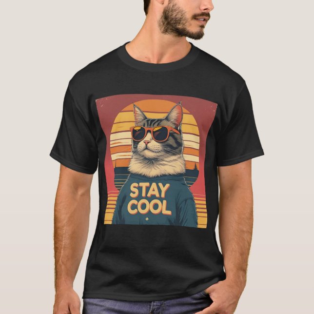 Retro Cat "Bleibe Cool" T - Shirt - Vintager Sonne (Vorderseite)