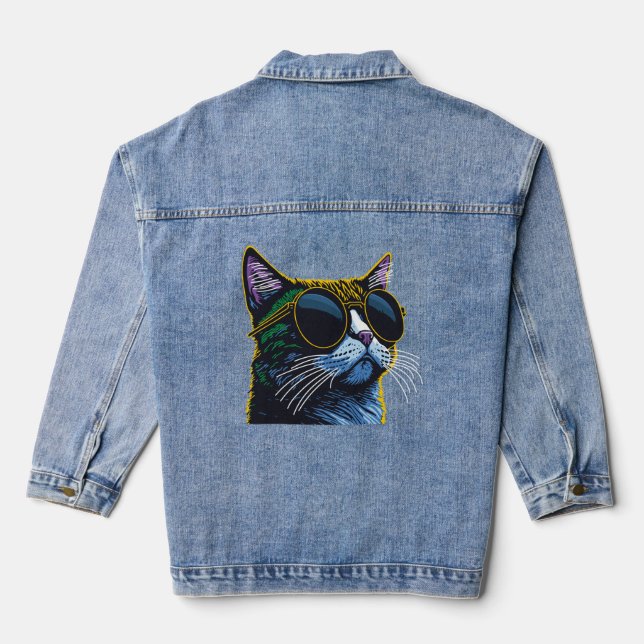 Retro Cat: Gelber Brillenkarm Jeansjacke (Rückseite)