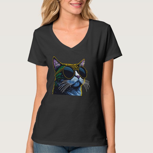 Retro Cat: Gelber Brillenkarm T-Shirt (Vorderseite)