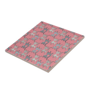 Retro Cat Grafisches Muster Grau Fliese