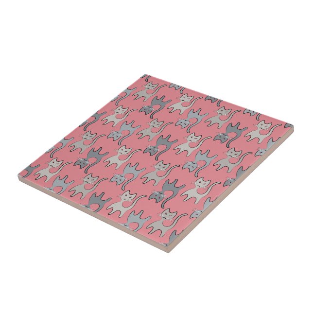 Retro Cat Grafisches Muster Grau Fliese (Seite)