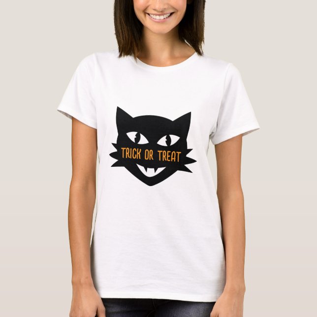 Retro Cat Halloween Trick oder Trete T-Shirt (Vorderseite)