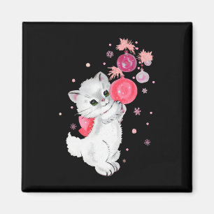 Retro Cat Kitten Plays mit rosa Weihnachtsnamen Magnet