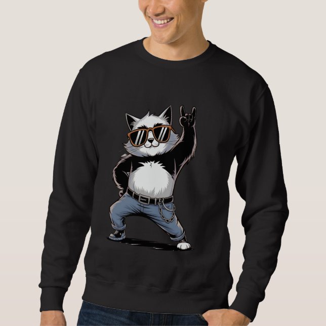 Retro Cat Rock'n'Roll Cat Lover Music Sweatshirt (Vorderseite)