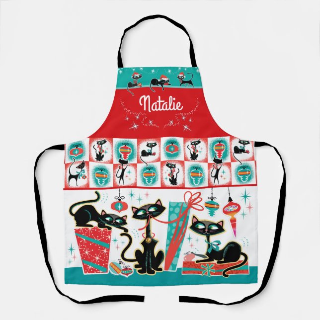 Retro Cats Christmas Apron- Customizable Schürze (Vorderseite)