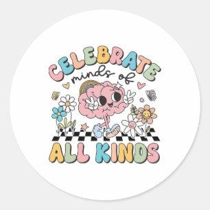 Retro Celebrate Minds aller Art Niedliche Gehirnau Runder Aufkleber