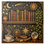 Retro celestial bookshelf book coffee lover fliese<br><div class="desc">A cozy retro-inspired design featuring a charming celestial bookshelf filled with vintage books,  delicate botanical accents,  cosmic design elements and a comforting cup of tea or coffee.</div>
