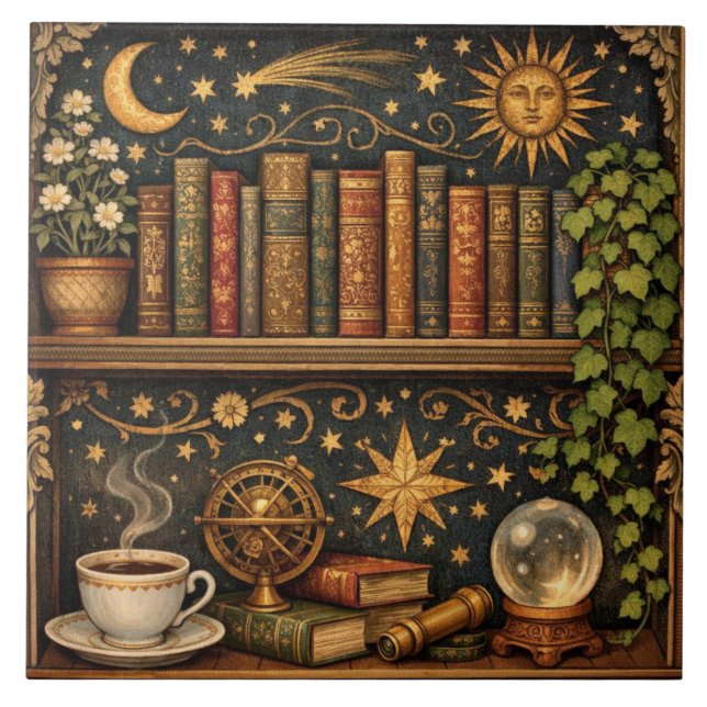 Retro celestial bookshelf book coffee lover fliese (Vorderseite)