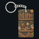 Retro celestial bookshelf book coffee lover schlüsselanhänger<br><div class="desc">A cozy retro-inspired design featuring a charming celestial bookshelf filled with vintage books,  delicate botanical accents,  cosmic design elements and a comforting cup of tea or coffee.</div>
