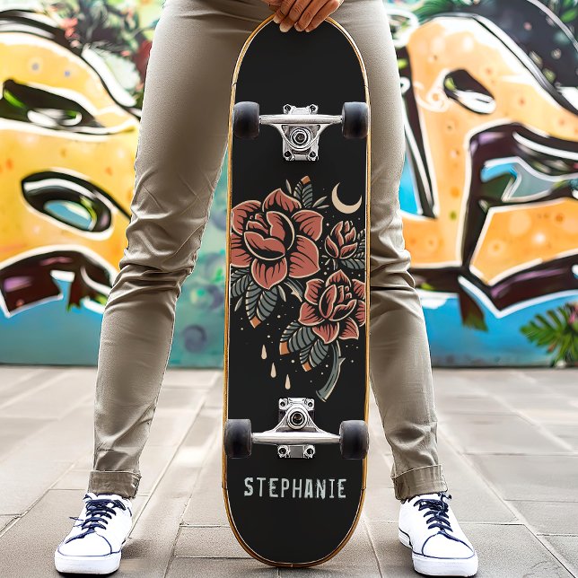 Retro Celestial Rose Tattoo Style Individuelle Nam Skateboard (Von Creator hochgeladen)