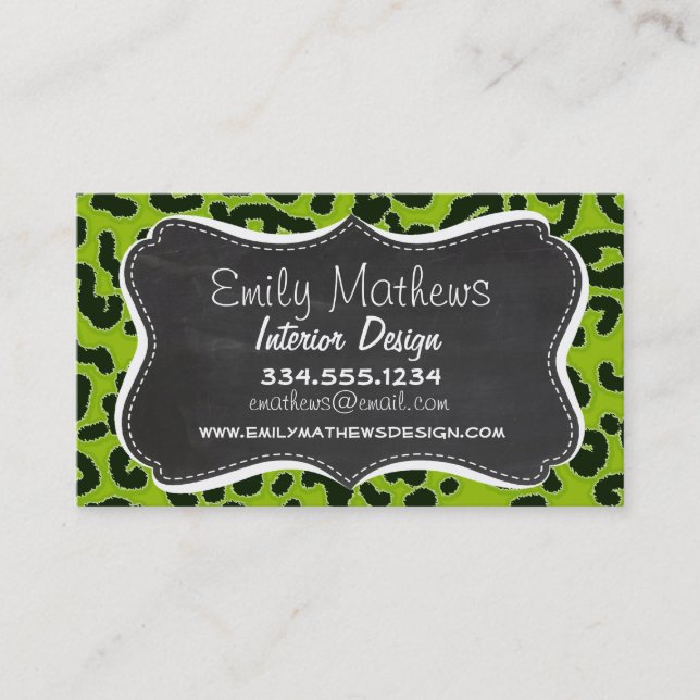 Retro Chalkboard; Apple Green Leopard Animal Print Visitenkarte (Vorderseite)