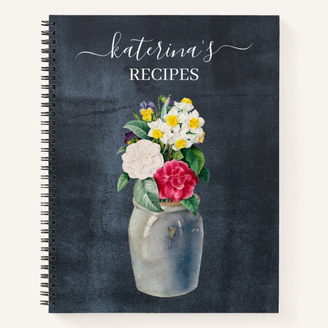 Retro Chalkboard Aquarellfarben Wildblumen Rezept Notizbuch (Vorderseite)