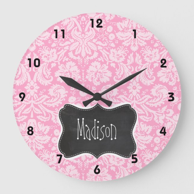 Retro Chalkboard Carnation Pink Damask Pattern Große Wanduhr (Vorderseite)