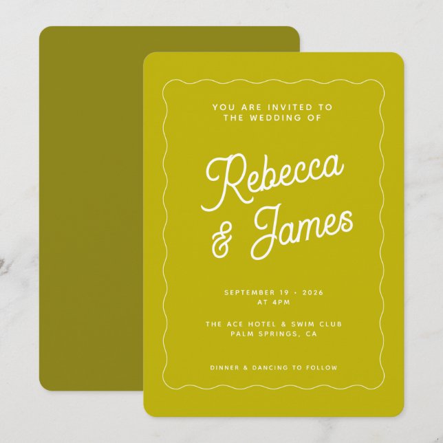 Retro Chartreuse Green Bold Wave Frame Wedding Einladung (Vorne/Hinten)