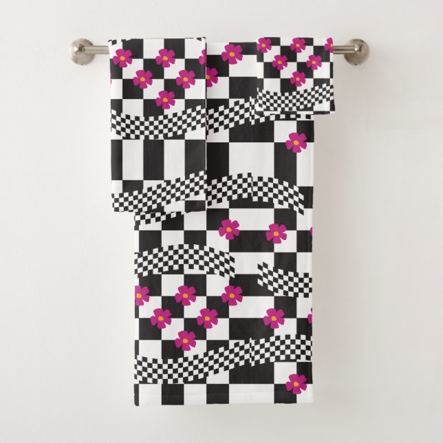 Retro-Checkerboard-Design mit Blume Badhandtuch Set (Insitu)