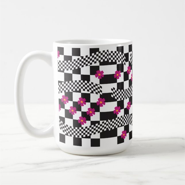 Retro-Checkerboard-Design mit Blume Kaffeetasse (Links)