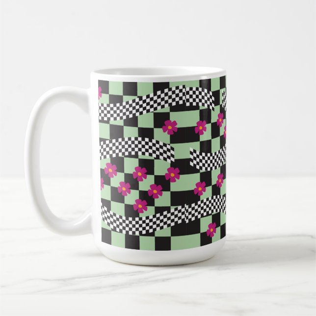 Retro-Checkerboard-Design mit Blume Kaffeetasse (Links)
