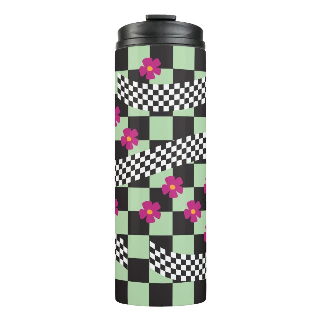 Retro-Checkerboard-Design mit Blume Thermosbecher (Vorderseite)