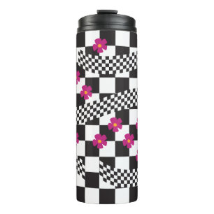 Retro-Checkerboard-Design mit Blume Thermosbecher