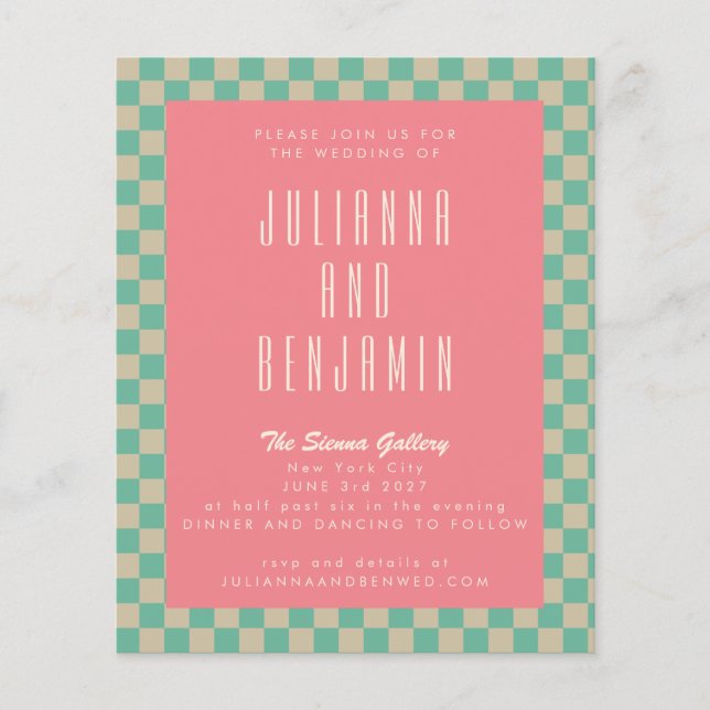 Retro Checkerboard Minze rosa Hochzeit (Vorderseite)