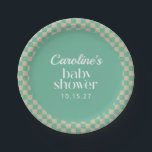 Retro Checkerboard Minze Sage Baby Dusche nach Maß Pappteller<br><div class="desc">Retro Checkerboard Minze Sage Baby Dusche Custom Paper Teller</div>