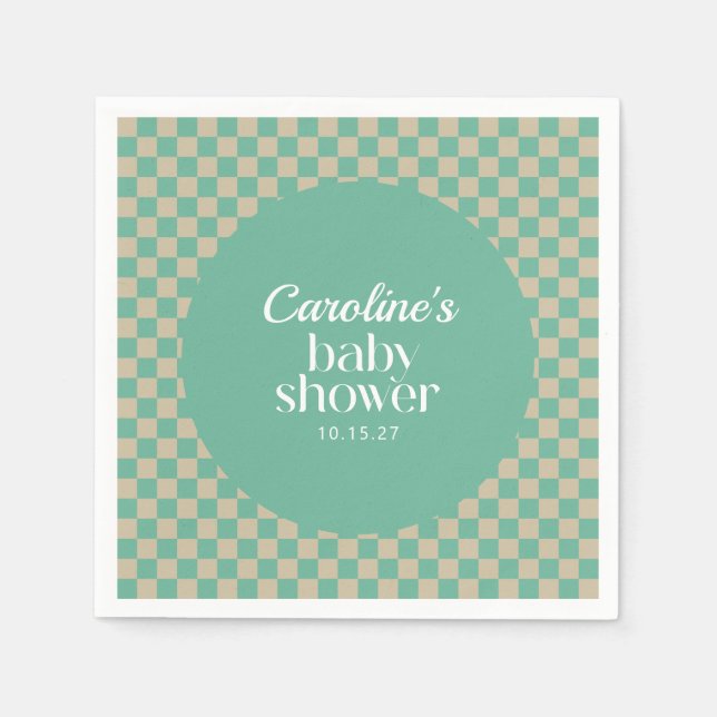 Retro Checkerboard Minze Sage Baby Dusche nach Maß Serviette (Vorderseite)